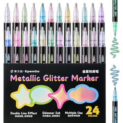 24 Colors Outline Markers, DIY Double Line Metallic for Artists