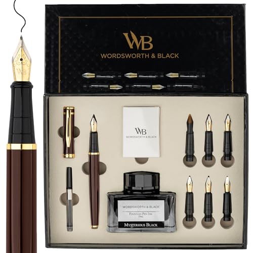 Wordsworth & Black Luxury Calligraphy Pen Set for Writing, 6 Nibs, Brown - color: Brown Gold