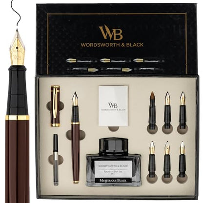 Wordsworth & Black Luxury Calligraphy Pen Set for Writing, 6 Nibs, Brown - color: Brown Gold
