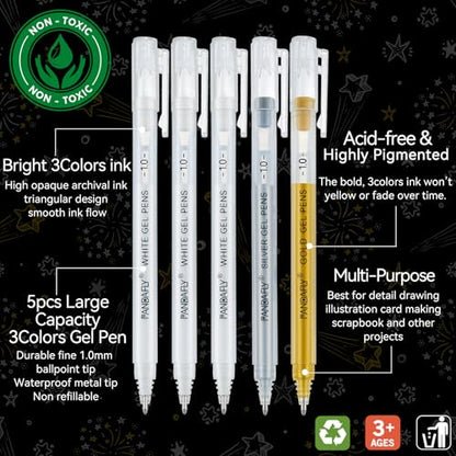 PANDAFLY Gold Silver White Gel Pens, 5-Pack, 1.0mm Fine Point - color: Multicolor