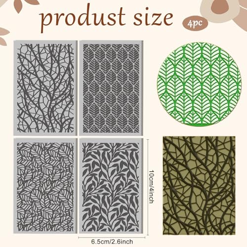4 Pcs Leaf Texture Pattern Polymer Clay Texture Sheet Rubber Clay Texture Mat for Polymer Clays Making Earrings Jewelry DIY Crafts, 4 × 2.5 Inch