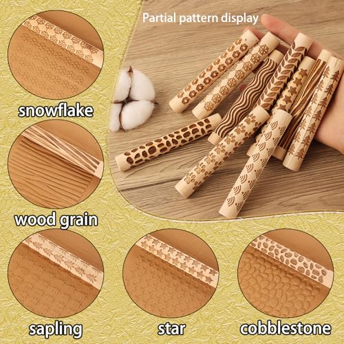 11-Pc Wood Texture Roller Set – Embossed Pattern Clay Rolling Pins & Carved Stamps for Handbuilding Pottery DIY Art Crafts (11 Wooden Texture Sticks)