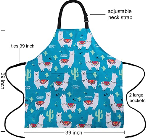 Plus Size Adjustable Bib Apron Water Resistant Canvas Extra Wide Long Ties Aprons with 2 Pockets Kitchen Cooking Gardening - color: Llama