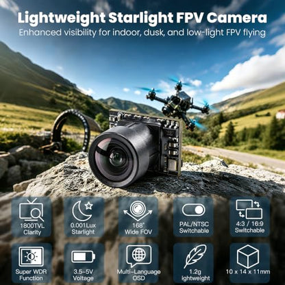 M2 Mini FPV Camera, 0.001Lux Starlight Sensor Camera 1800TVL168° Wide Angle Super WDR PAL NTSC Switchable