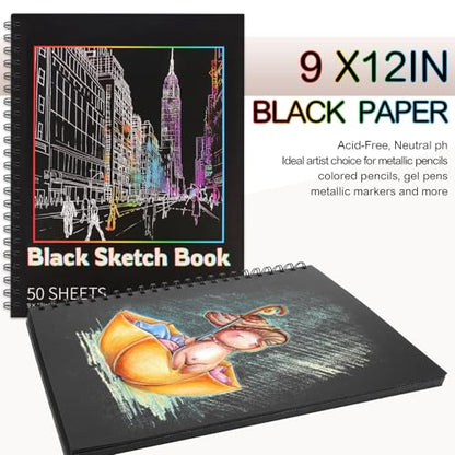 2 Pack Black Paper Sketchbook, 9 × 12 in, 100 Sheets, 160gsm Spiral Bound - size: 9×12 Inch (2 Pack )