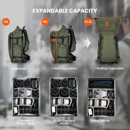 TARION Extra Large Camera Backpack 35L Expandable Rolltop XProber Green - style: X-prober (Green, 35 Liters)