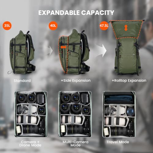 TARION Extra Large Camera Backpack 35L Expandable Rolltop XProber Green - style: X-prober (Green, 35 Liters)