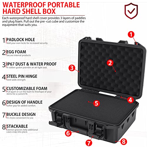 Hard Case with IP67 Waterproof Shockproof Tool Box for Microphone, Drones, Camera, Equipments, Portable Storage Case, 16.5 x13 x 7 Inch