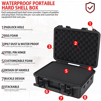 Hard Case with IP67 Waterproof Shockproof Tool Box for Microphone, Drones, Camera, Equipments, Portable Storage Case, 16.5 x13 x 7 Inch