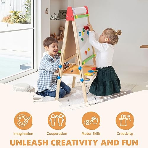 Tiny Land Wooden Easel for Kids, Art Easel with Chalkboard & Whiteboard - color: Natural