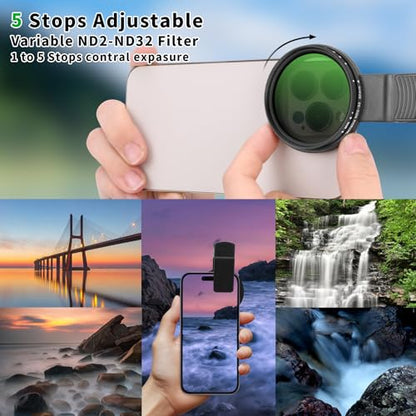 52MM Variable ND2-32 Filter for Phone, Multi-Coating Clip-On Variable Neutral Density Lens Kit, Compatible with iPhone 16/15/14/13 Pro Max, Samsung Galaxy, Google Pixel and Other Smartphone