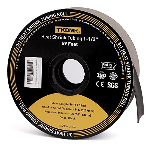 TKDMR 59 Ft 1-1/2" Heat Shrink Tubing - 3:1 Ratio Marine Grade Heat Shrink,Wire Cable Adhesive Lined Tube Insulation Seal Against Moisture Corrosion and Air Leakage.Black - size: 39mm(1-1/2") - 59Ft