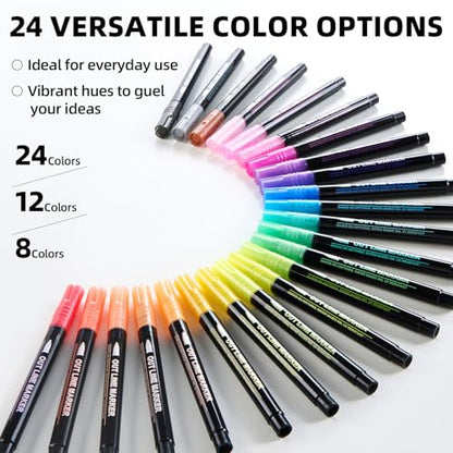 24 Colors Outline Markers, DIY Double Line Metallic for Artists
