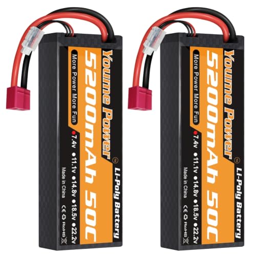 Youme 2S Lipo Battery 7.4V 5200mAh 50C Hard Case 2Packs for RC Cars Trucks