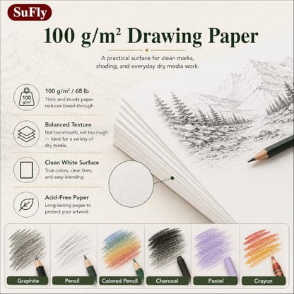 SuFly Sketch Book 9x12, 100-Sheet Drawing Paper Pad, 68lb/100gsm, Acid-Free