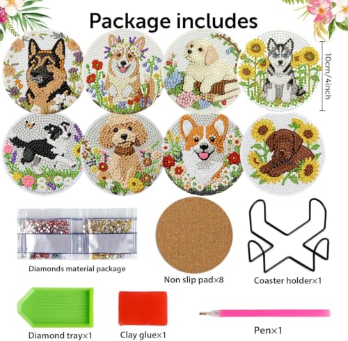 Zythron 8 Pack Diamond Art Coasters,Dog Flowers Diamond Painting Coasters - color: Dog Coasters-1