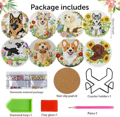 Zythron 8 Pack Diamond Art Coasters,Dog Flowers Diamond Painting Coasters - color: Dog Coasters-1