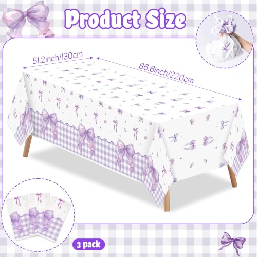 3 Pack Purple Bow Party Tablecloths for Girls Women - color: Purple Bow