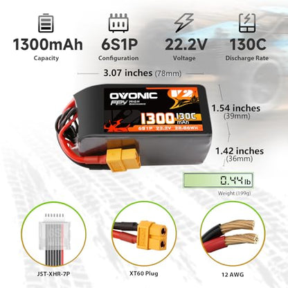 OVONIC 130C 6S 1300mah Lipo Battery 22.2V Pack with XT60 Plug for FPV Racing（2pcs）