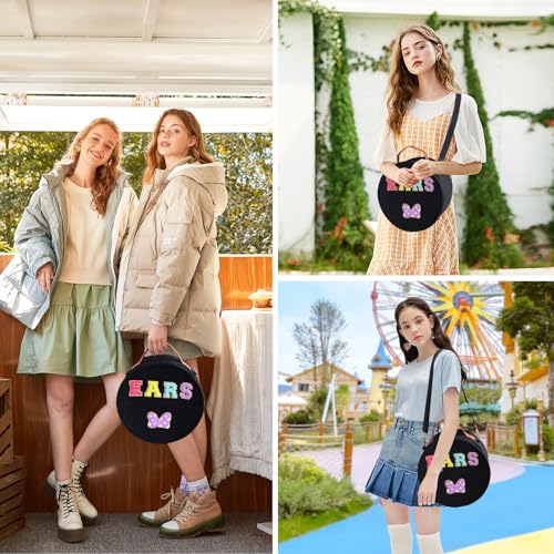 Chenille Letter Bow Mouse Ears Travel Case, Large Round Tote Storage Box - color: Black Chenille Letters