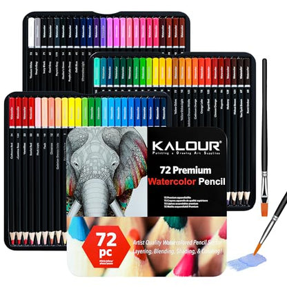 KALOUR 72 Watercolor Pencils Set, Water Soluble with 2 Brushes