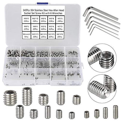 340Pcs M2.5, M3, M4, M5, M6, M8 Metric Hex Socket Head Cup Point Set Screws, Allen Head Grub Screw, Internal Hex Drive Headless Set Screw Assortment Kit with 6 Hex Wrenches, 304 Stainless Steel - color: Silver-340pcs Metric M2.5-M8 Cup Point Set Screw
