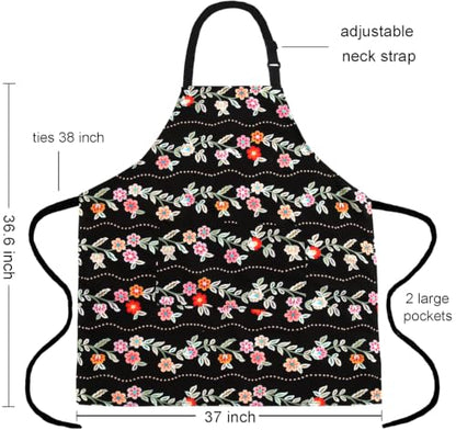 Plus Size Adjustable Bib Apron Water Resistant Canvas Extra Wide Long Ties Aprons with 2 Pockets Kitchen Cooking Gardening - color: Floral Wave Pattern