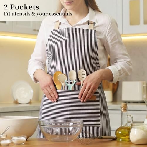 2 Pack Cooking Aprons Adjustable Bib Apron for Women with 2 Pockets, Kitchen Restaurant Men Chefs Aprons - color: Beige/Black Stripes