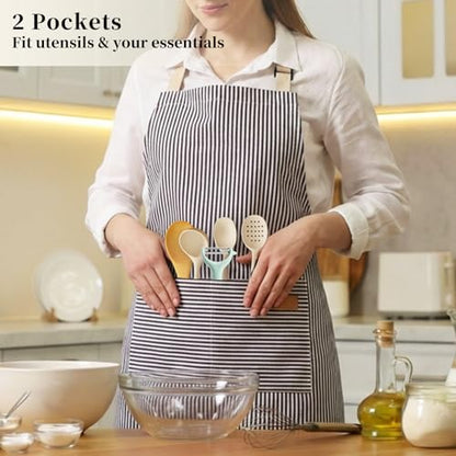 2 Pack Cooking Aprons Adjustable Bib Apron for Women with 2 Pockets, Kitchen Restaurant Men Chefs Aprons - color: Beige/Black Stripes
