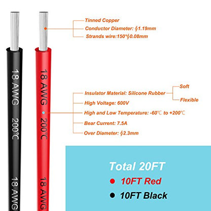 18awg Silicone Electrical Wire Cable 2 Colors Tinned Copper 10ft Each - size: 2 Colors each 10FT, style: 18AWG