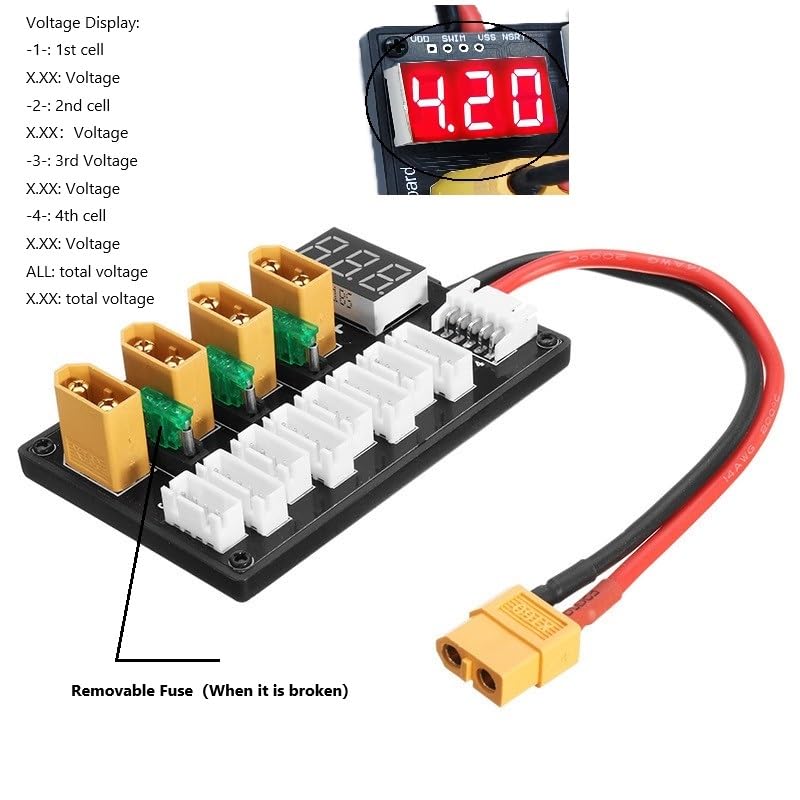 XT60 Parallel Charging Charger Board for 3S 4S LiPo Batteries, XT60 Plug to Banana Connector Cable,Voltage LED Display