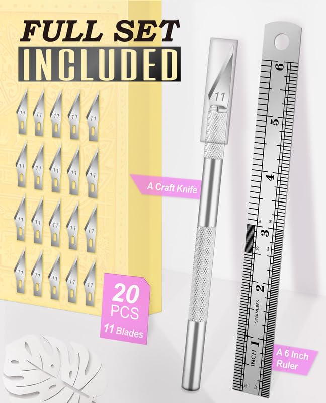 DIYSELF Exacto Knife Set with 20#11 Blades, Aluminum Handle, 6-Inch Ruler - color: Silver-20blades