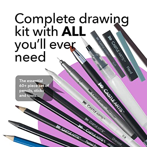 Castle Art Supplies 60 Piece Drawing, Sketching and Charcoal Set for Adults