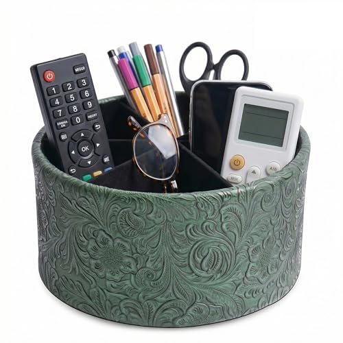 lizimandu Remote Control Holder, 360°Spinning PU Leather Desk TV Remote Caddy,Desk Storage Box Room Accessories for Controller, Media,Mail,Calculator, Mobile Phone,Pencil(1B-Carved3 Green) - color: 1B-Carved3 Green
