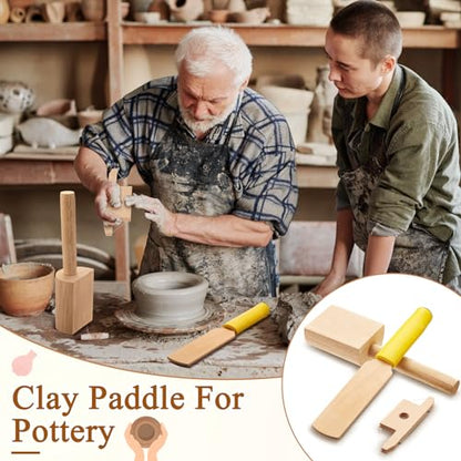 Amylove 3 Pcs Wooden Pottery Clay Tools Set, Paddles Pad Bevel Cutter