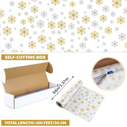 Oudain 54 Inch x 100 ft Golden Silver Snowflake Tablecloth Roll Cutter Box - style: Golden Snowflakes