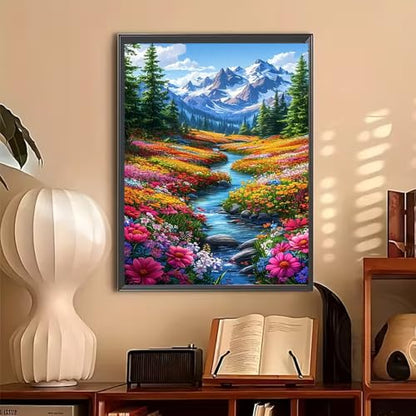 BOHADIY 5D Diamond Art Painting Kits for Beginners, Snowy Mountain Art Kits for Beginner,DIY River Flower Full Round Gem Crystal Art Paint by Diamond Home Wall Decor12X16inch