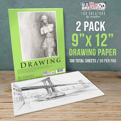 U.S. Art Supply 9" x 12" Premium Drawing Pad, Pack of 2 (50 Sheets Each)