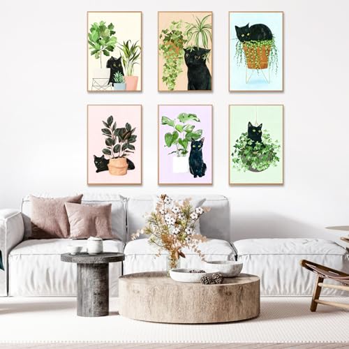 6 Pack Paint by Numbers Kit for Adults & Beginners, Black Cat & Green Plant - color: OP6NFUS2511-02