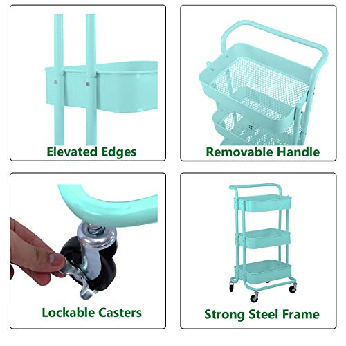 3-Tier Metal Mesh Rolling Cart Storage Organizer with Utility Handle and Wheels, Turquoise - color: A- Turquoise