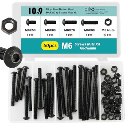 50PCS M6 x 50mm 60mm 70mm 80mm, Button Head Socket Cap Screws Bolts Nuts Kit, 10.9 Grade Alloy Steel, Black Oxide Finish, Metric Allen Hex Drive, Fully Threaded - size: Button M6x50/60/70/80mm