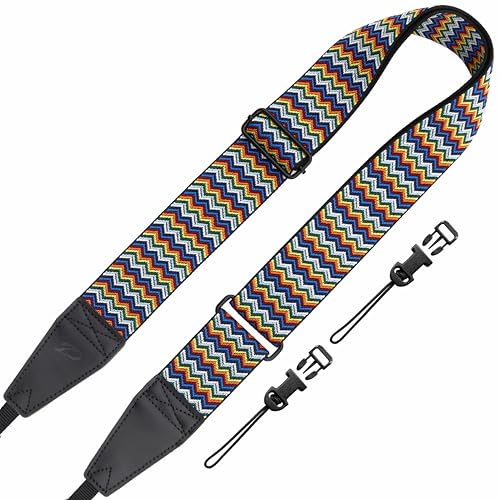 Padwa Lifestyle Adjustable Camera Strap - 2" Top Layer Cowhide Head Camera Straps for Photographers, Cotton Adjustable Neck Shoulder & Crossbody Strap Quick Release for All Cameras and Binoculars - color: Z# - Rainbow Ripple, size: Adjustable 38~66 inch /