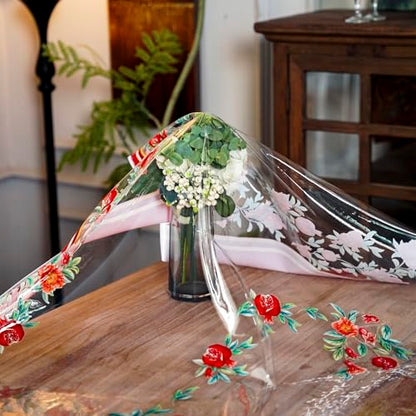 ARTABLE Clear Vinyl Tablecloth Pomegranate Floral Print Wipeable 52x70 Inch - color: Pomegranate, size: 70" x 52" (Rectangular)
