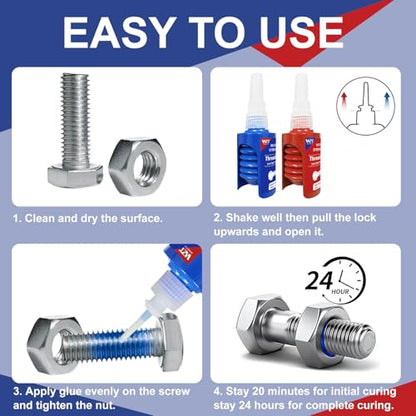 Thread Lock Blue and Red, Lock Tight Threadlocker Medium and High Strength, Thread Locker for Nuts, Bolts, Fasteners and Metals, Prevent Loosening and Corrosion (50 mlx2)