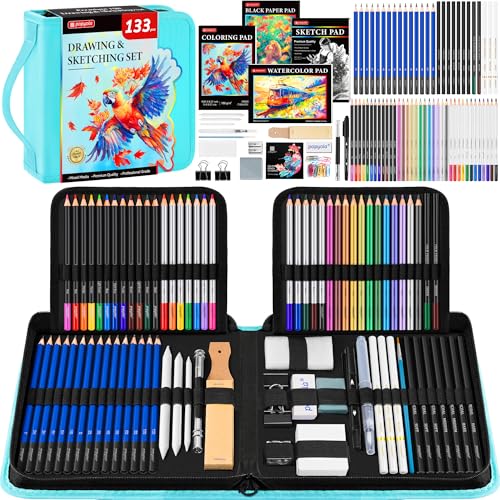 133 Pack Drawing Set Sketching Kit, Pro Art Supplies Sketch Pencils Set - color: Teal, size: 133 Pack