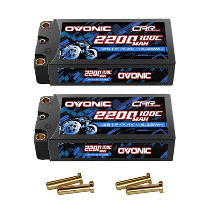 OVONIC 2S HardCase Lipo Battery 7.4V 2200mAh 120C with 5.0 Bullet Dean-Style T Connector for RC Car Truck Vehicles Boat Drone Airplane Quadcopter Helicopter FPV Racing Hobby Models 2 Batteries