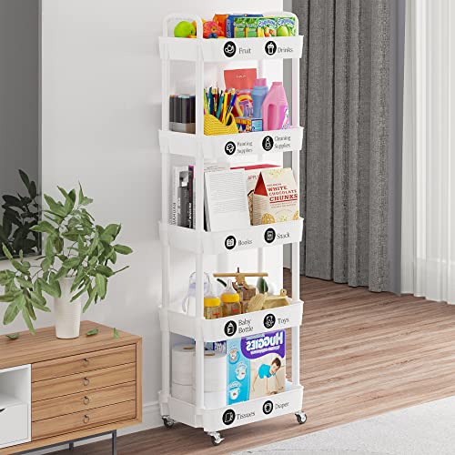 5 Tier Rolling Cart with Wheels, Utility Storage Carts,White - color: White, size: 5-Tier