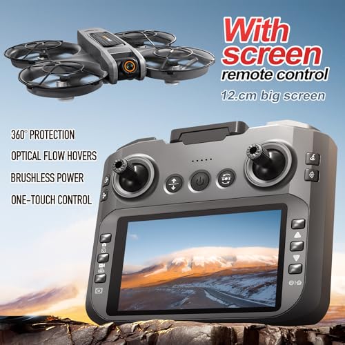 RC Drone With Screen On Controller (4.92in), UHD Dual Camera, Brushless Motor, Optical Flow Hovering, 360° Propeller Guard, 6-Axis Gyro, Headless Mode, One-Key Takeoff/Landing, 3-Speed Adjustable, 50X Zoom, Gesture Control, Trajectory Flight, Night LED, 2