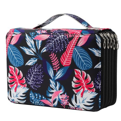 250 Slots Canvas Pencil Case 5-Layer Zipped Holder w/Handle - color: Black Leaves, size: 250