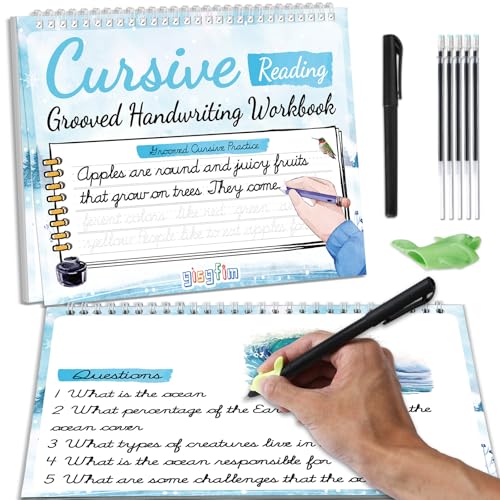 gisgfim Grooved Cursive Handwriting Workbook Magic Reusable Grooved Cursive Handwriting Practice Guided Tracing with Disappearing Ink Pens for Beginners Kids Learning Activities Supplies (Reading) - style: Reading